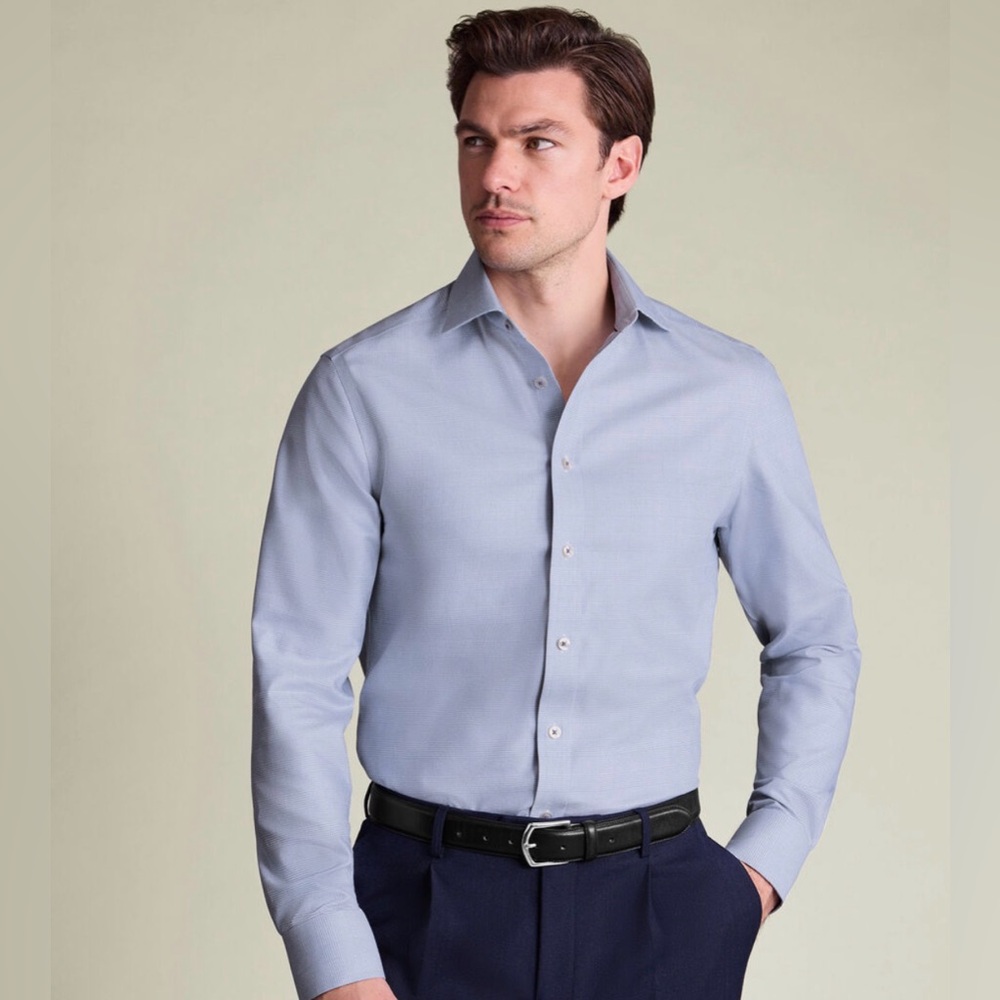 Charles Tyrwhitt Non-Iron Stretch Burlington Weave POW Check Shirt - Mid Blue